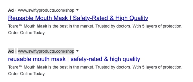 Example of a Google Advert in both lowercase and uppercase